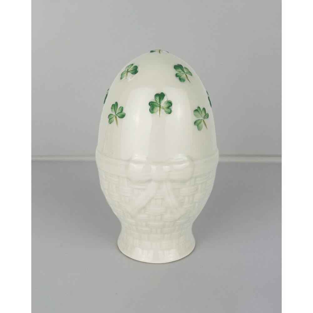 Belleek Ireland Shamrock Egg Basket Weave Porcelain Clover Spring Decor